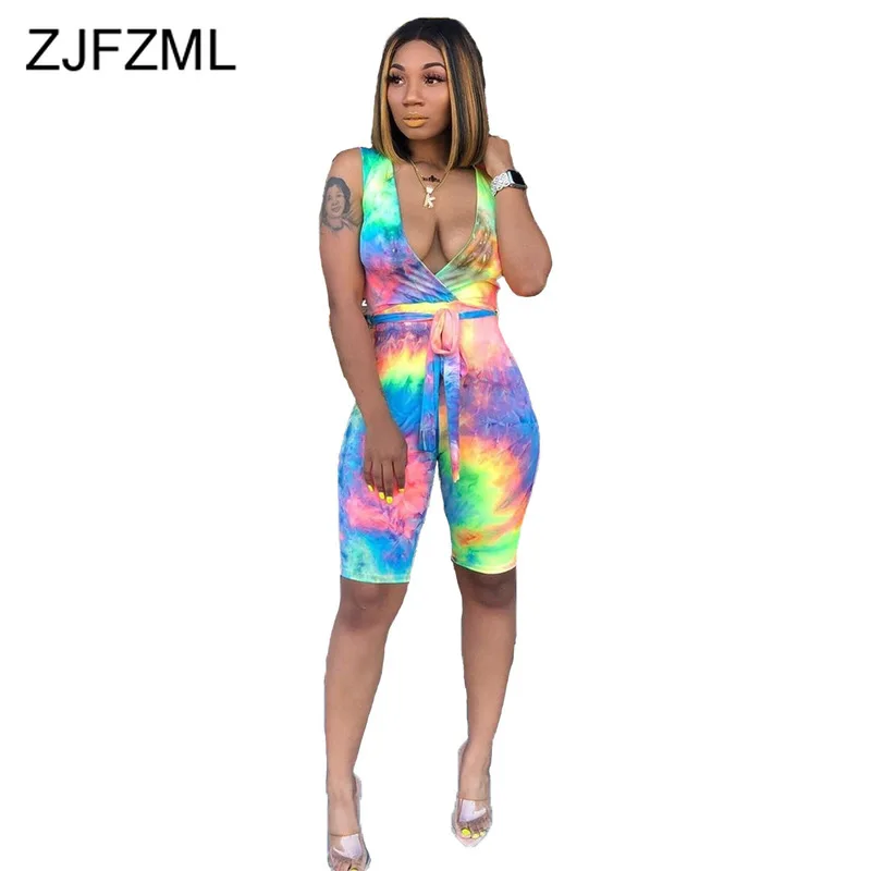 

Rainbow Tie Dye Sexy Bodycon Playsuit For Women Deep V Neck Sleeveless One Piece Overall Summer High Waist Sashes Party Bodysuit