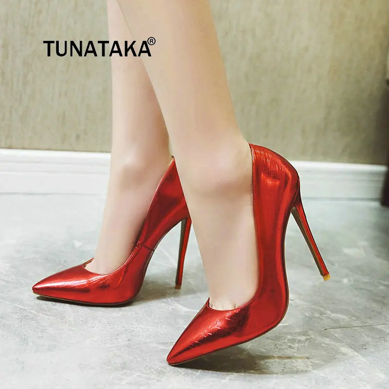 

Sexy Super Thin High Heel Slip On Lazy Shoes Fashion Pointed Toe Shallow Dress Women Shoes Red Pink Gold Silver