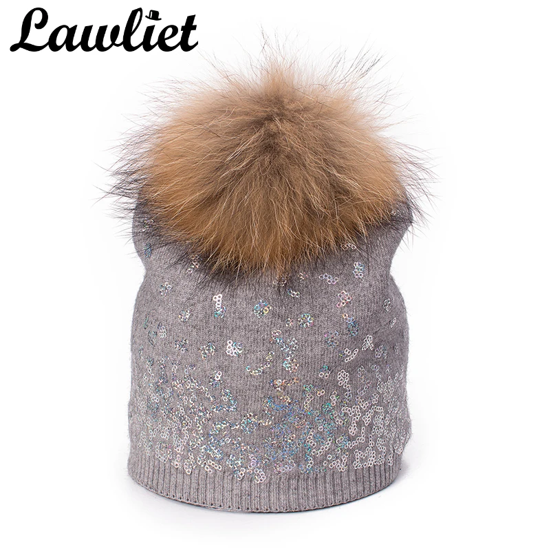 Lawliet Big Natural Raccoon Fur Pom Pom Hat Per Le Donne Girl Shimmer Paillettes Cashmere Cappello Invernale Berretto Lavorato A Maglia In Lana Berret