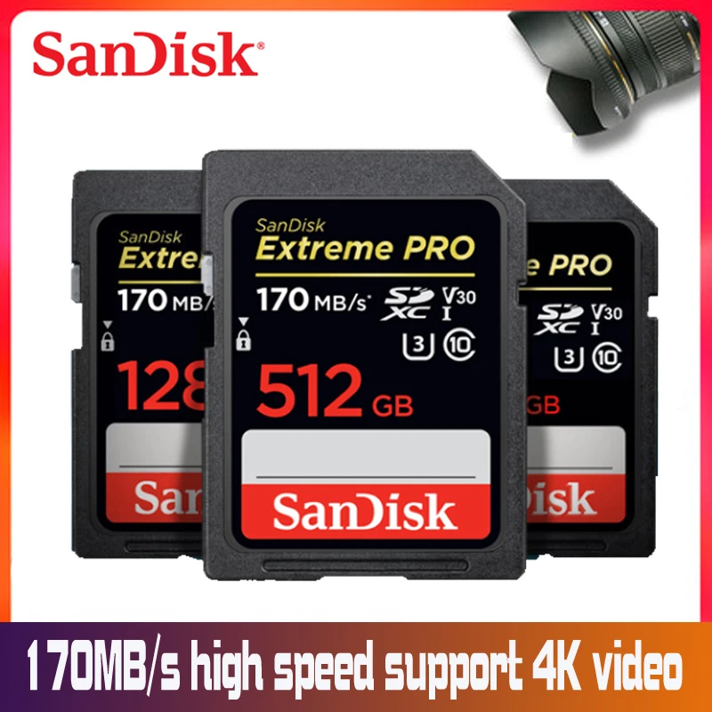 Карта памяти SanDisk Extreme PRO, sd-карта, 64 ГБ, 512 ГБ, 128 ГБ, 256 ГБ, 32 ГБ, карта памяти U3, 4 k, высокая скорость, класс 10, 170 МБ/с./с, V30 для камеры