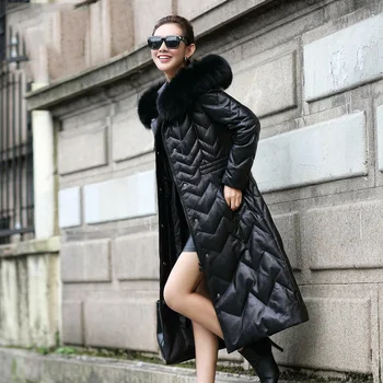 

2018 New Sheepskin Leather Female Jacket Real 3XL Fox Fur Women Winter Coat Duck Down Jackets Long Warm Women Outwear Coat qx431