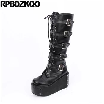 

Knee High Wedge Harajuku Black 12 44 Shoes Belts Women Big Size Lace Up Heel Gothic Platform Boots Punk Muffin 13 45 Motorcycle