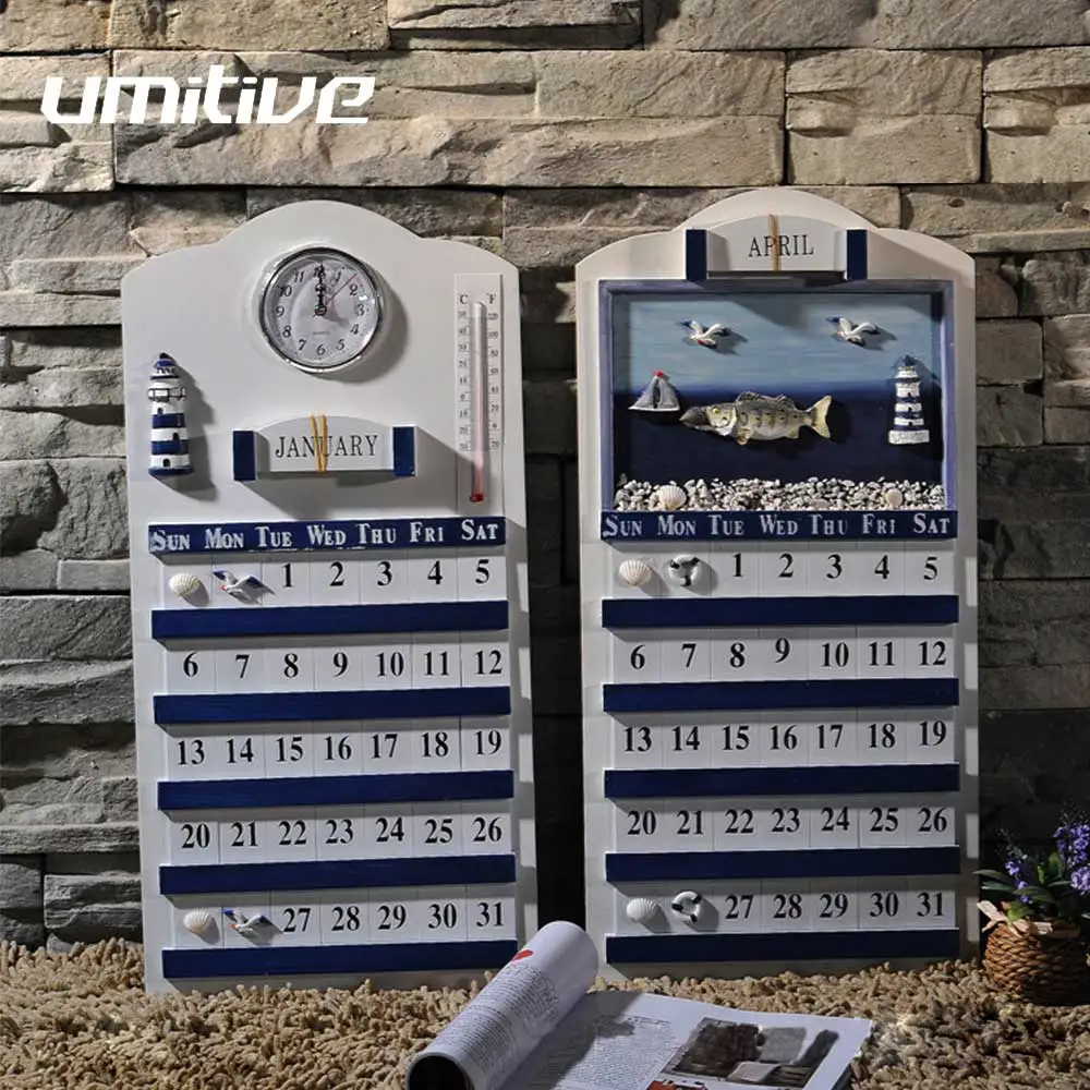 

Umitive 1 pcs Mediterranean Style Blue And White Classic Solid Wood Perpetual Calendar Furnishings Decoration
