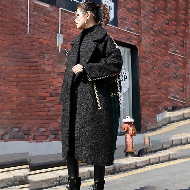 [EAM] 2019 New Spring Lapel Black Loose Large Size Thicken Back Colorful Striped Woolen Coat Women Fashion Parkas JI778