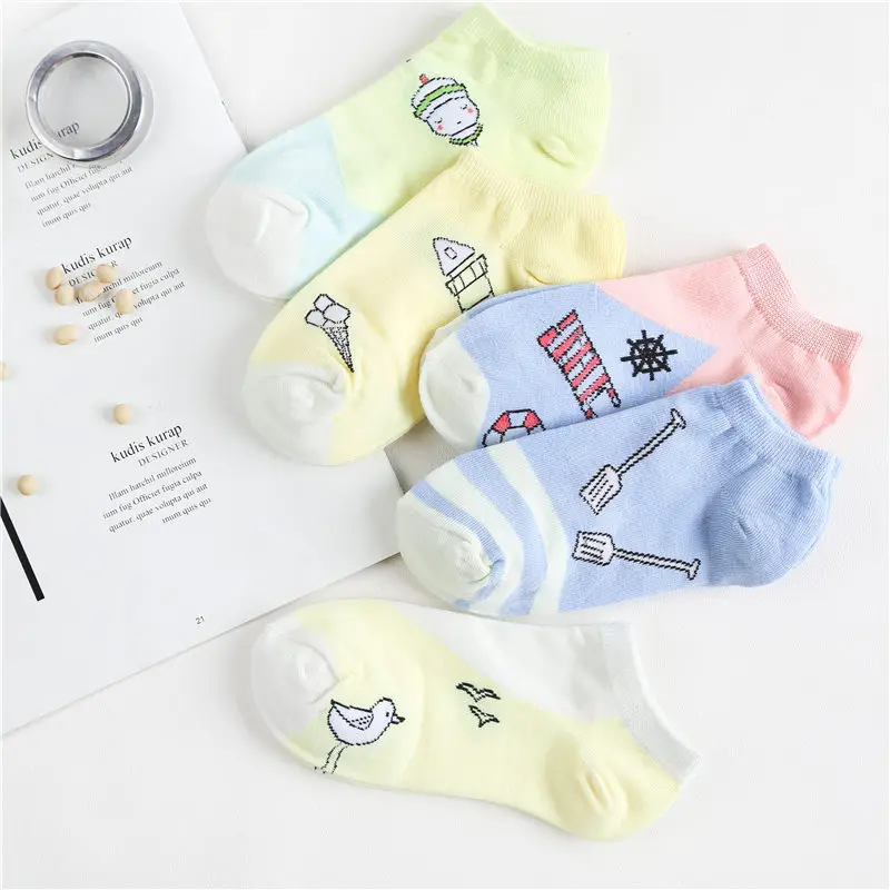 

5 Pairs/lot Women Socks Cute Gold Coast pattern Boat Sock for Summer Breathable Casual Girls Ankle socks Socks Slippers