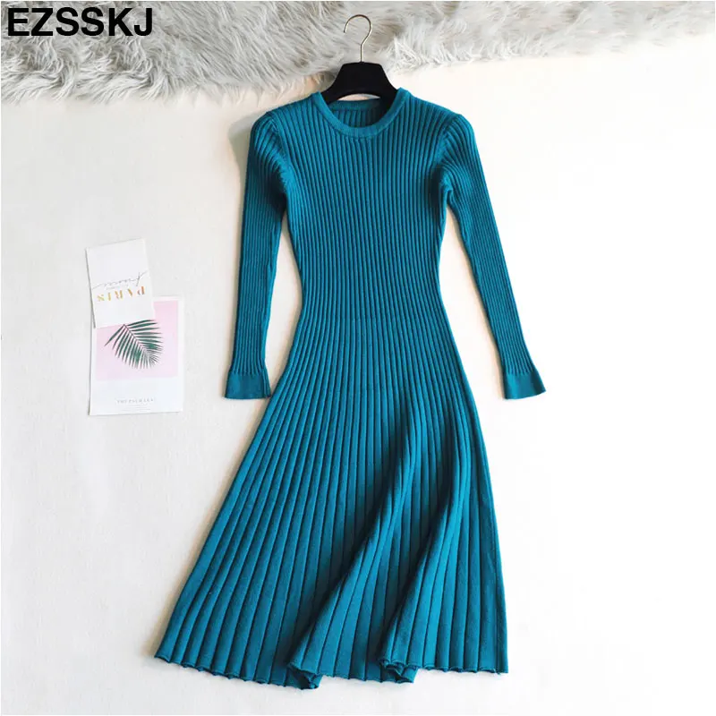 elegant Long sleeve OL O-neck long Sweater dress women Thick knit Autumn Winter dress female Slim A-line basic dress casual pink dress Dresses