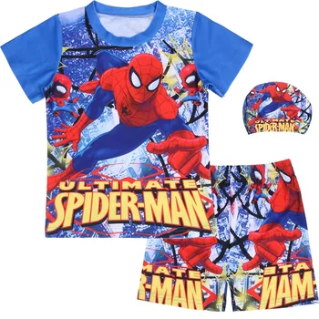 

New summer Baby Boys Swimming T-shirt shorts cap set Children boy spiderman shorts superman clothing swimsuit Kids swim trunks