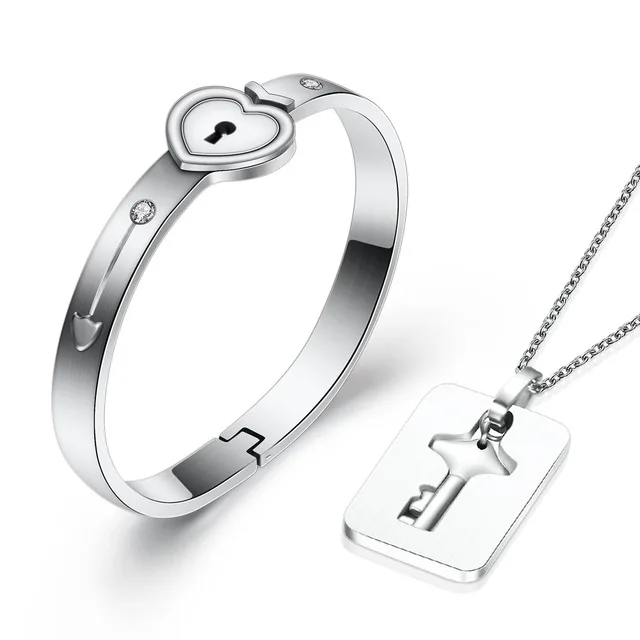 

New Fashion Couple Sets Stainless Steel Love Heart Lock Bracelets Bangles Key Pendant Necklace Valentine's Gift Drop Shipping