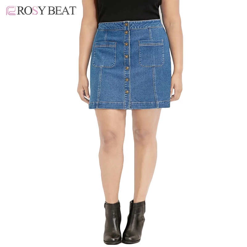 Summer Plus Size Denim Women Skirt 2016 Fashion Front Button Pencil
