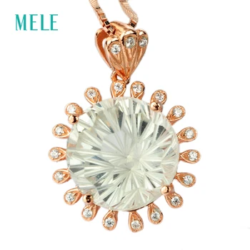 

MELE Natural green crystal silver pendant, round 12mm,light green color, firework cutting craftsman, brilliant quality