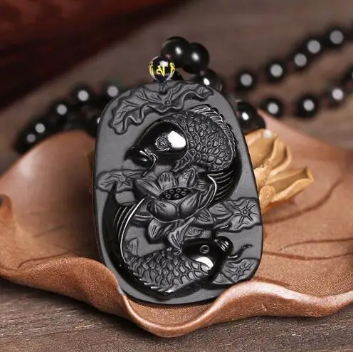 

Drop Shipping Fine carving Obsidian two fish and lotus black Obsdian pendant men's jewelry