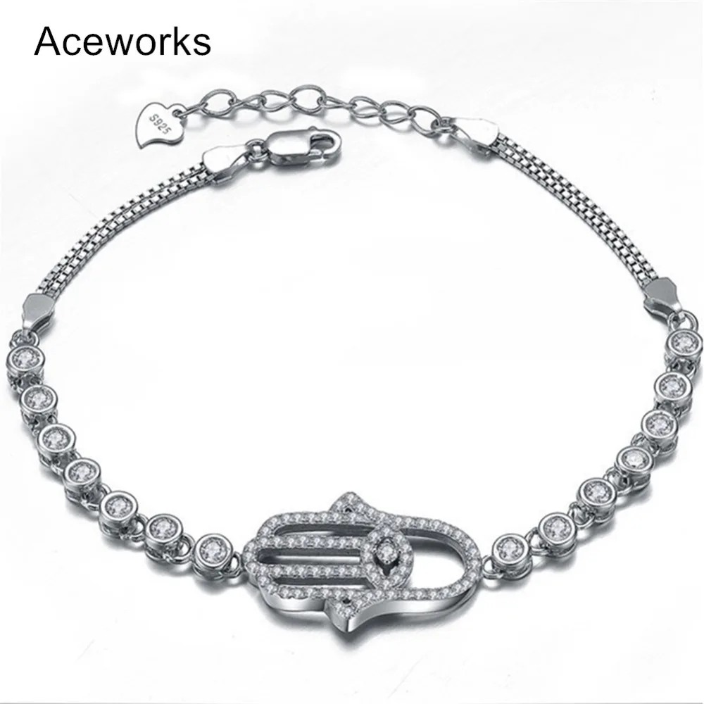 

Aceworks Fatima Hand Hamsa Infinity 100% 925 Sterling Silver Bracelets Bangles Good Luck Gift Jewelry Turkish Evil Eye BC2015