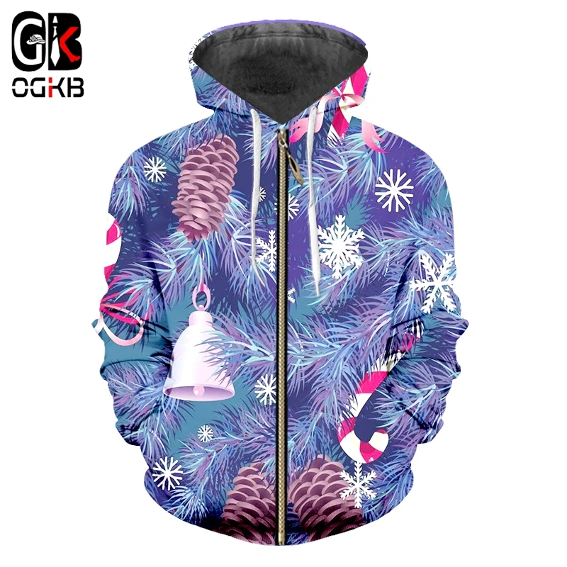 

OGKB Men's New Zip Hoodies Personality Large Size Christmas 3D Printed Santa Claus And Snowflake Polyester Coat 6XL