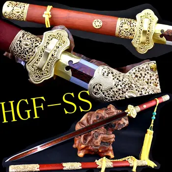 

Hand Carved Boutique Brass Knife fitted Hand-made KungFu Chinese Sword Han Tang Battle Jian/Folded Pattern Steel Full Tang Red B