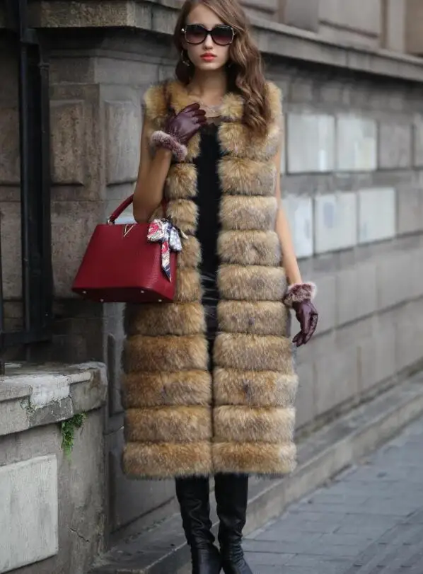 Большой размер S-10XL серебряный Лисий цвет Искусственный мех пальто модный жилет 100 размер длинный полосатый жилет меховое пальто леди белый мех - Цвет: raccoon fur
