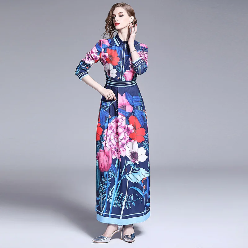 

High Quality Designer Runway 2019 Spring Summer Women Fashion Beach Boho Luxious Floral Chic Vintage Print Long Sleeve Dress
