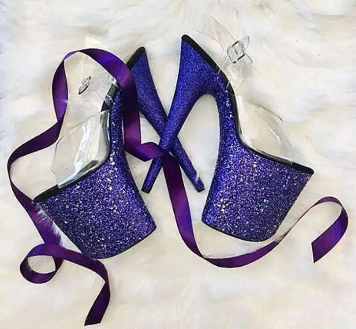 

Moraima Snc Sexy Pole Dance High Heel Shoes Woman Summer Open Toe Glitter Embellished Platform Sandals Super High PVC Heels