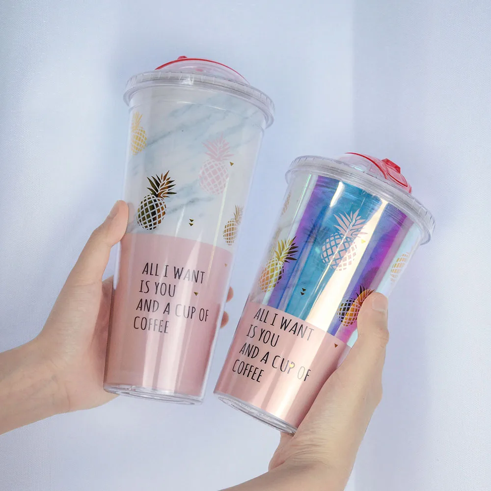 

Gold Plating Pineapple Mug BPA Free Plastic Double Layer Water Bottle With Straw Travel Portable Juice Coffee Milk Cup Drinkware