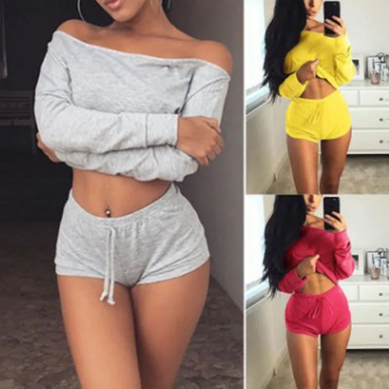 

Sexy Sports Women's Suit 2019 Summer Fashion Solid Color Slanted Shoulder Regular Casual Jogging Sports Shorts & Tops Female