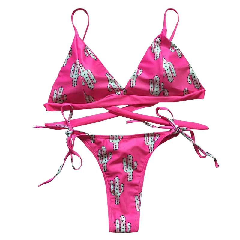 

2018 Cactus Print Beach Swimsuit Summer Women Bikini Set Thick Swimsuit Girl Bandage Swimwear Suit Female