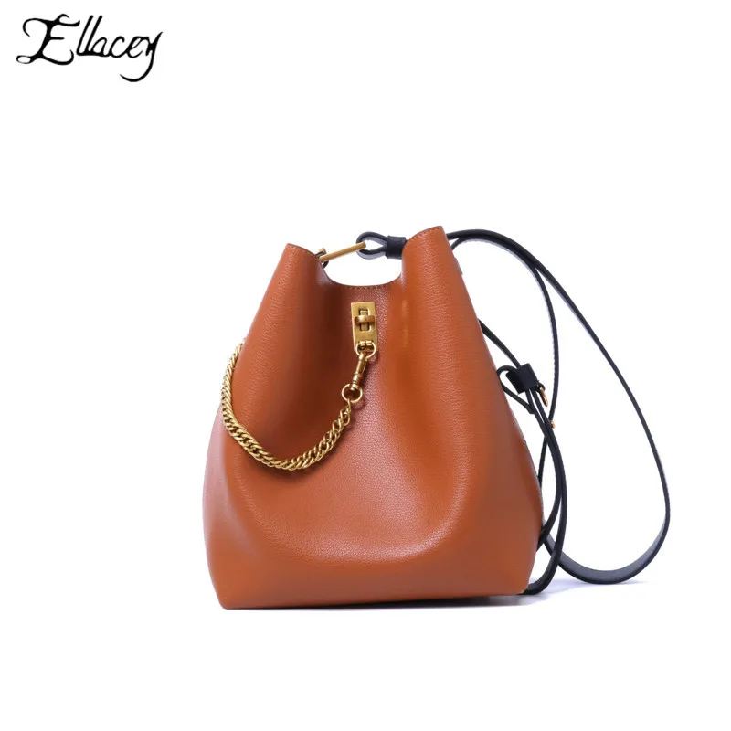 

2019 New Fashion Women Genuine Leather Handbag Large Capacity Women Shopping Bag Ladies Metal Chain Composite Bag Bucket Bag