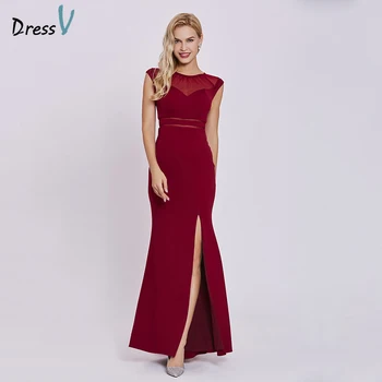 

Dressv burgundy evening dress cheap sleeveless scoop neck split-front zipper up wedding party formal evening dresses