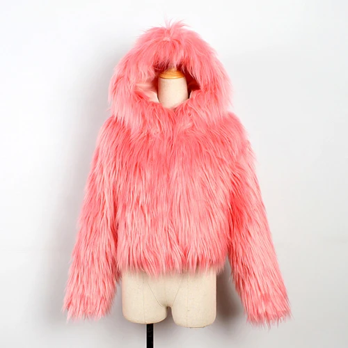 ZADORIN/10 цветов, осенне-зимнее пальто из искусственного меха с капюшоном и длинным рукавом, женская короткая пушистая искусственная Меховая куртка, большие размеры, уличная одежда - Цвет: Hot pink