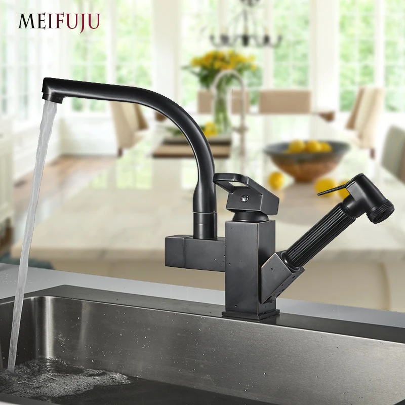 Gold kitchen faucets brass with Two Spouts Pull Out Spray Chrome Brass Kitchen Faucet Mixer Tap