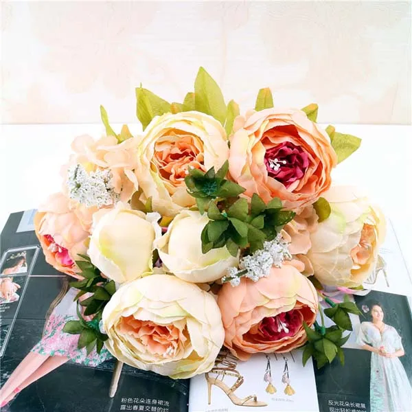 

New 13 Branch Bouquet Artificial Flowers Peony Vivid Fake Silk Rose Bridal Wedding Decor Wreath Gland Home Christmas Accessories