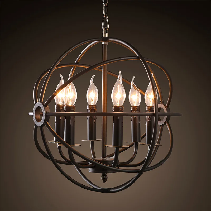Loft retro round globes iron pendant lamp 6 heads candle pendant light