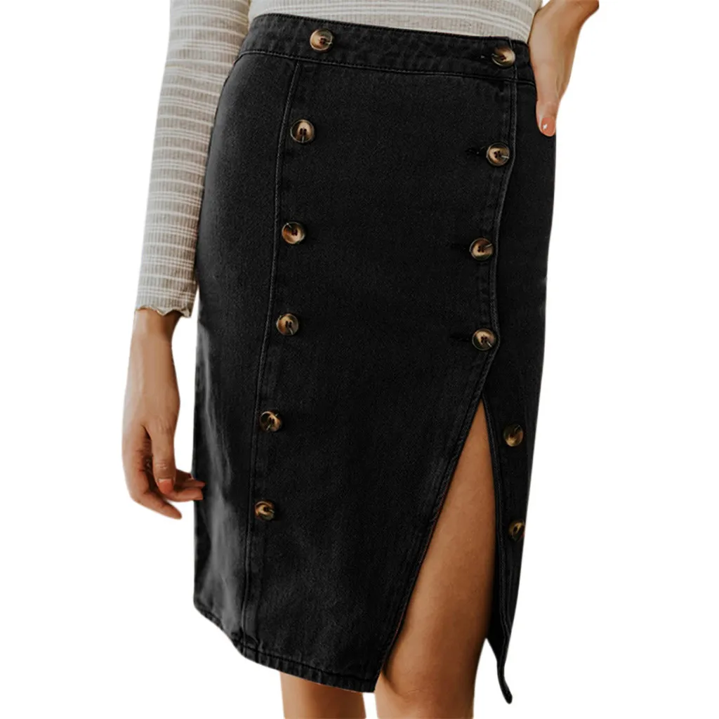 

skirts womens Long Skirt Womens Fashion Elastic Button Denim Open Casual Boot Cut Skirts Saias Femme Faldas Mujer Free Shipping