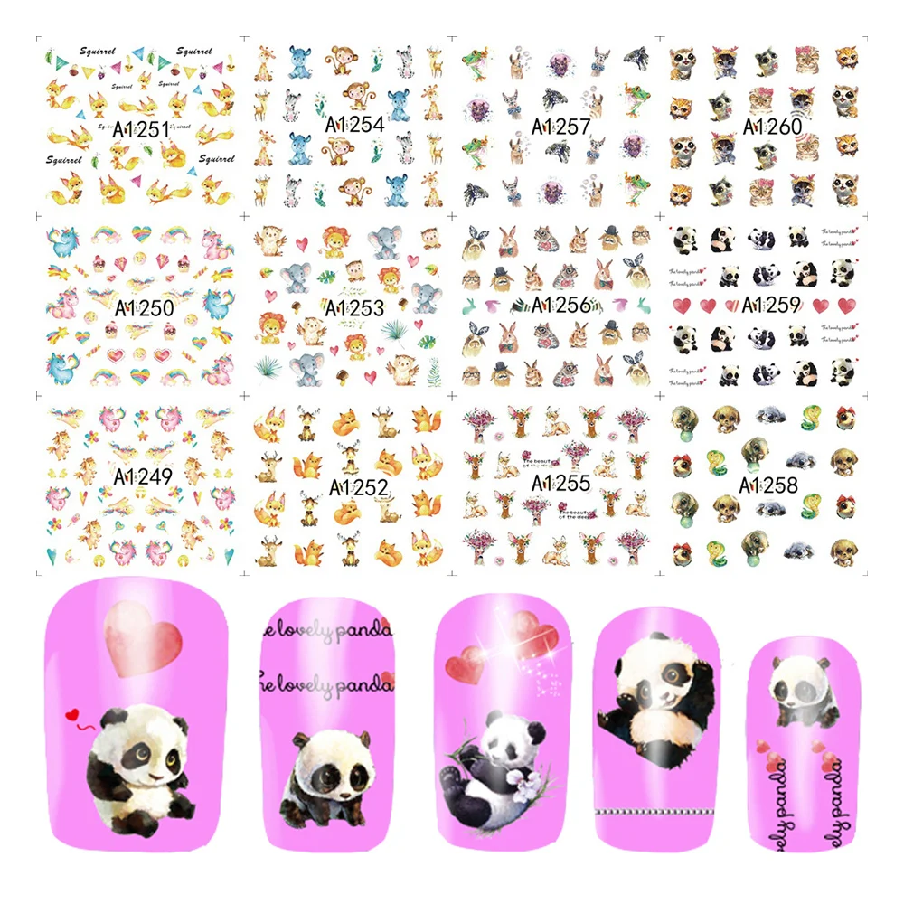 12 шт. декоративные Стикеры с милыми животными пандой/кроликами переводные наклейки с водой для дизайна ногтей наклейки для ногтей DIY слайдер JIA1249-1260