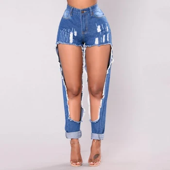 

Jeans Women Big Hole Pant Casual Ripped Boyfriend Jeans Ladies Blue Pants High Waist Destroyed Skinny Trousers