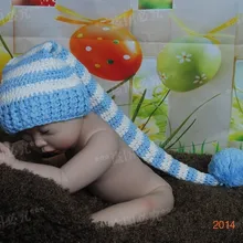 Светло-голубая/белая полосатая шапка ручной работы, вязаная шапка эльфа для новорожденных, фотосессия, хлопок