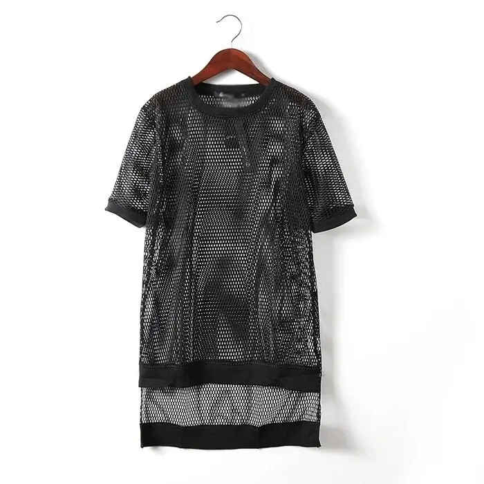 2016 Summer Sexy Hollow Extended Grid t shirt men Short sleeve Black Slim fit Punk rock