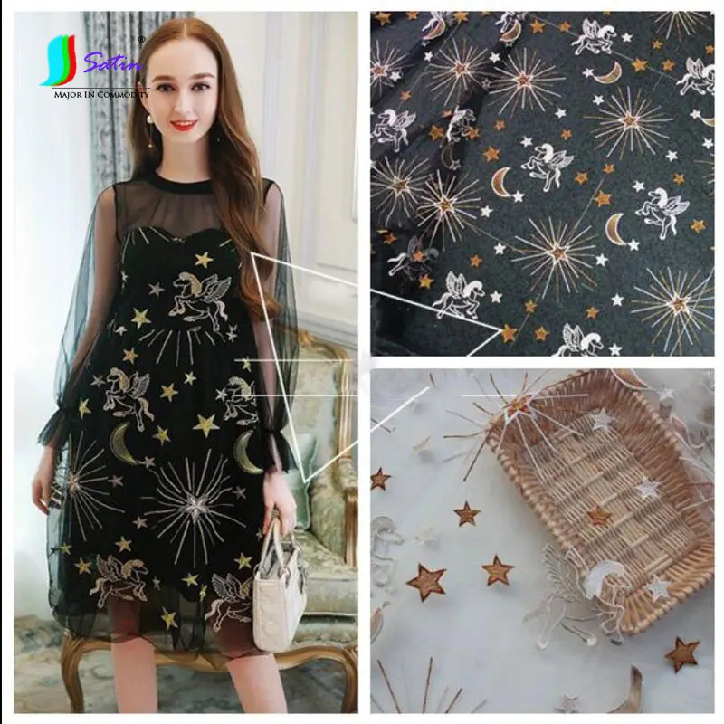 

White,Black Background Sky Star,Moon Wing Horse Embroidery Fairy Dress Skirt Tulle Fabric S0920L