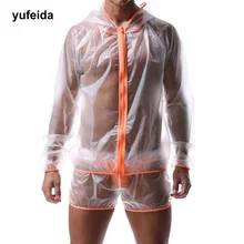 Сексуальные мужские комплекты, водонепроницаемые Прозрачные пальто с капюшоном, пэчворк, короткие штаны, костюмы, сексуальные костюмы, одежда для сна, мужские Клубные костюмы