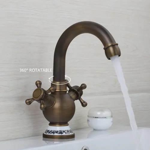 Double Handles Antique Brass Swivel Kitchen Basin Swivel Spout Sink Faucet + Ceramic Handle Deck Mounted 97162 Faucets,Mixer Tap kitchen faucet swivel spout vessel sink mixer tap ceramic handle deck mounted antique brass