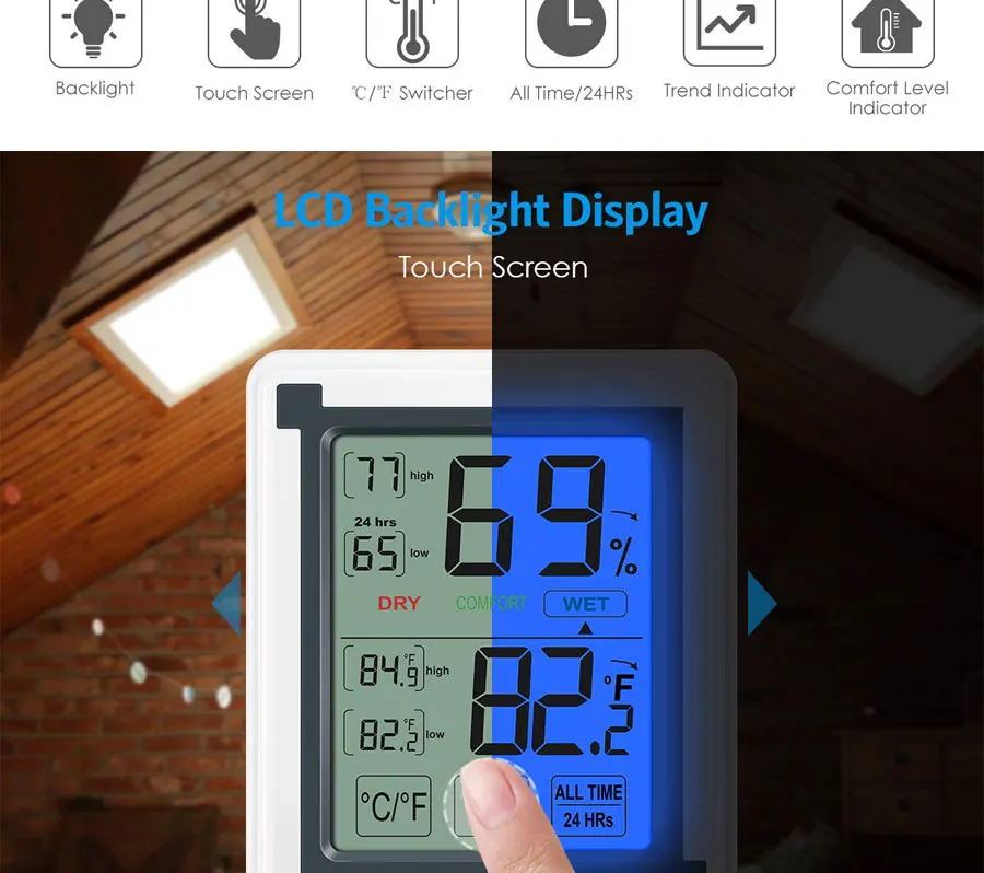 Цифровой гигрометр закрытый термометр, точный контроль температуры и влажности с сенсорной ЖК-подсветкой, датчик влажности метр