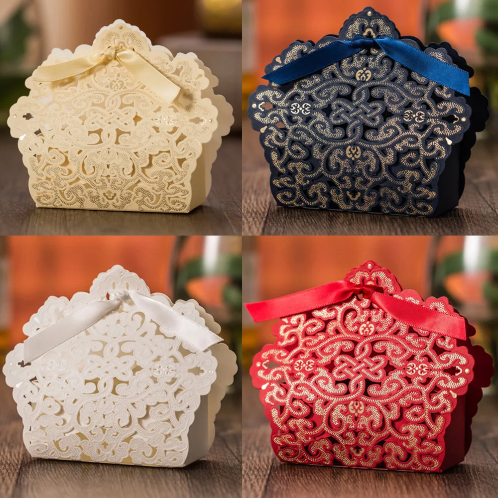 Gold Laser Cut Wedding Favor Boxes Hollow Embossed Lace Flower Wedding