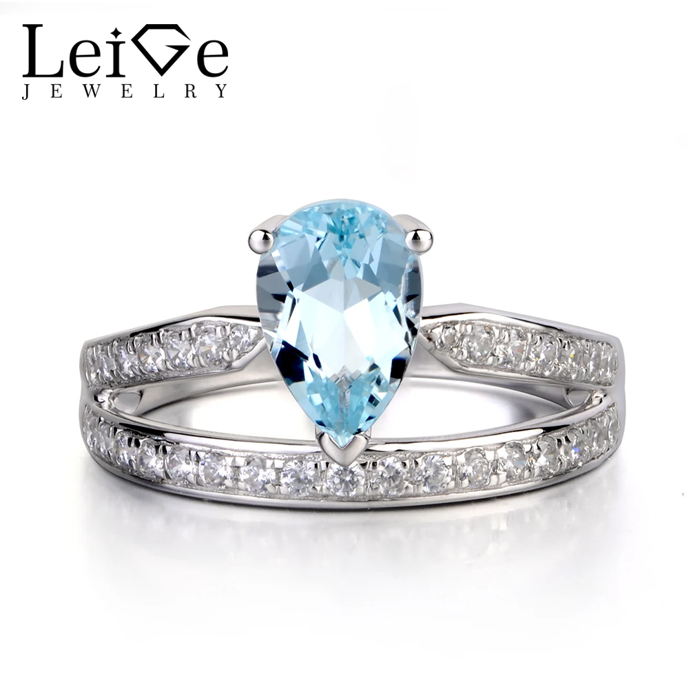 Leige Jewelry Pear Cut Aquamarine Engagement Rings for Women 925