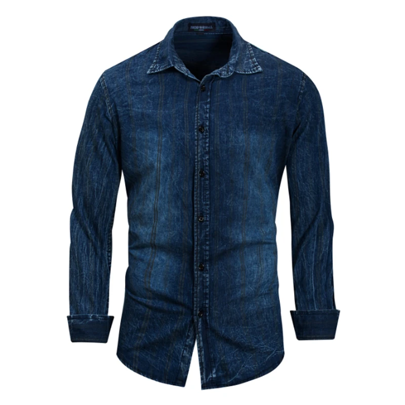 Для мужчин с длинным рукавом Твердые Цвет в полоску джинсовые хлопковое платье Модная синего джинсового цвета мужской Повседневное Regular-fit