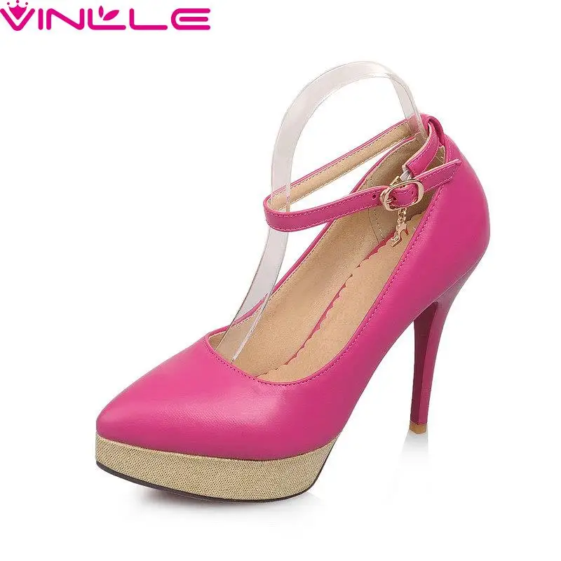 

VINLLE Buckle Pointed Toe Miss Shoes,Thin High Heel PU leather Party Sexy Ankle Strap New Spring Women Pump Size 34-40 Red