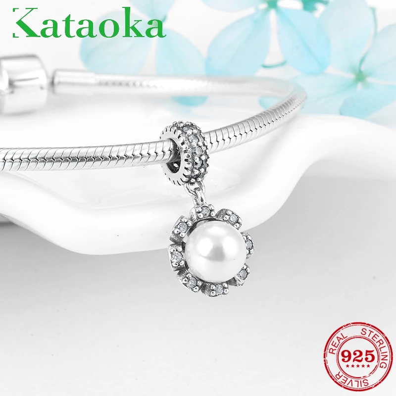 

925 Sterling Silver Like sunflower with Snow-white Pearl Charms Pendants Fit Original Pandora Charm Bracelet Jewelry making
