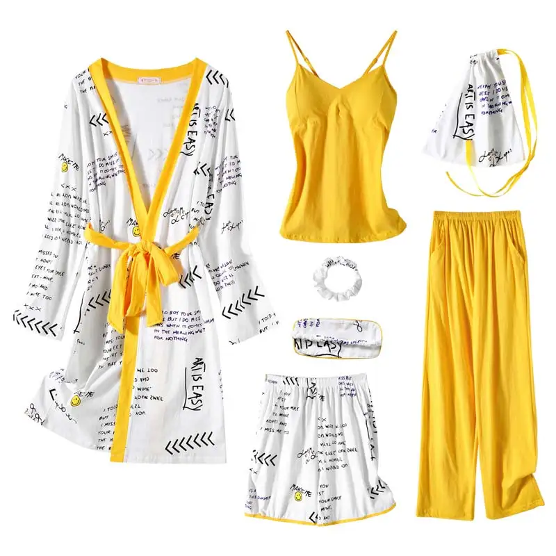 

Lounge Robe Summer Autumn Winter 7 Pcs Set 100% Cotton Elegant Women Pajamas Short Long Sleeve Top Elastic Waist Pant Sleepwear