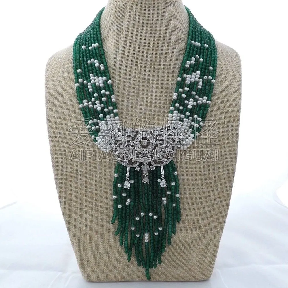 N012901 19 &quot9 нитей зеленого жемчуга ожерелье CZ подвеска|pearl necklace|cz pendantpearl pendant |