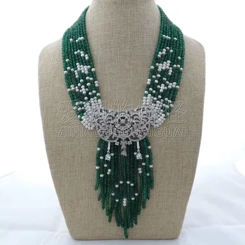 

N012901 19" 9 Strands Green Pearl Necklace CZ Pendant