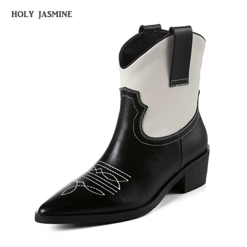 

2019 Retro Western Boots Cowboy Boots for Women Pointy Toe Leather Ankle Boots for Women Cowgirl Boots Square Heels Shoes Woman