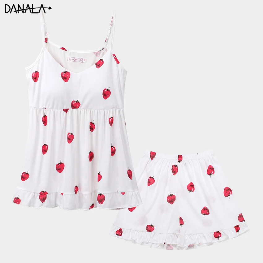 DANALA Sexy Cotton Women Pajamas Sets With Shorts Vogue Sleeveless Sling Sleepwear Sets For Girls Women Summer 2019 Home Wear DANALA Sexy Cotton Women Pajamas Sets With Shorts Vogue Sleeveless Sling Sleepwear Sets For Girls Women Summer 2019 Home Wear
