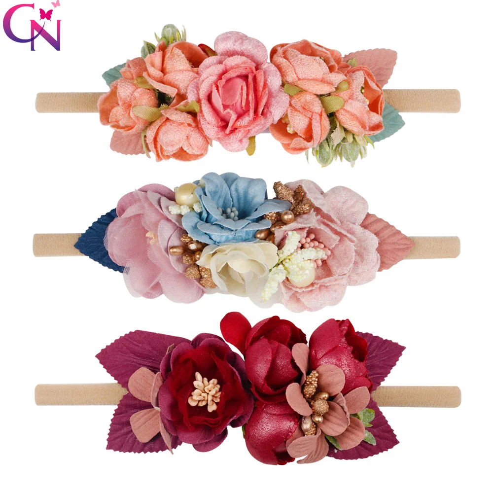 

CN Hair Accessories Headbands For Girls Artificial Fake Flowers Nylon Head Band Newborn High Elastic Headdress